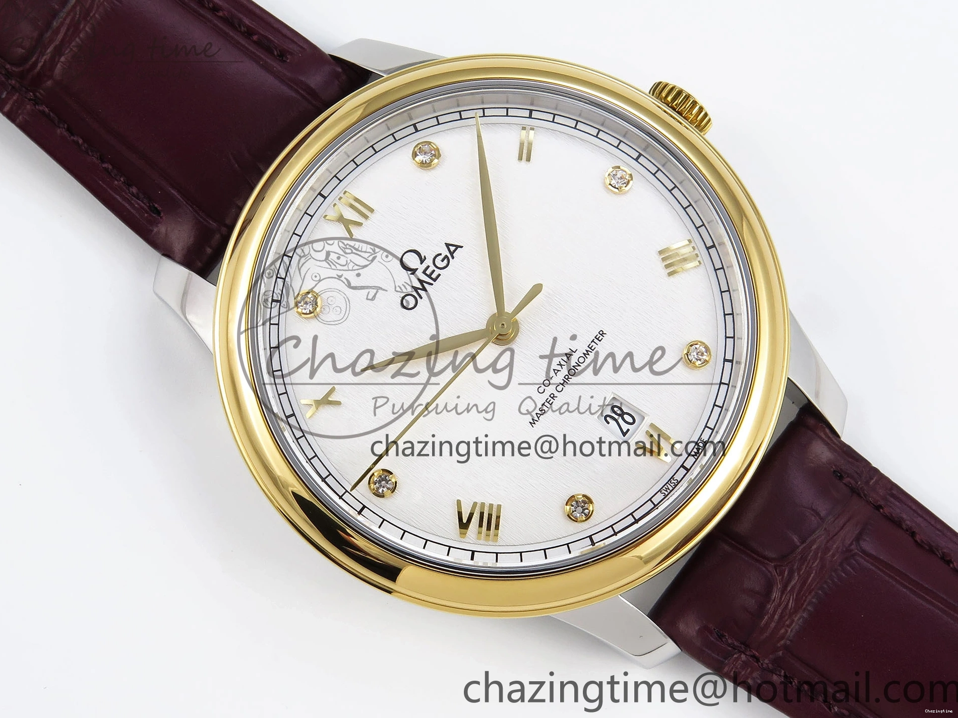 0421 De Ville Date YG MKF 1:1 Best Edition White Textured Dial Diamonds Marker on Brown Leather Strap A WaterResistant 7754
